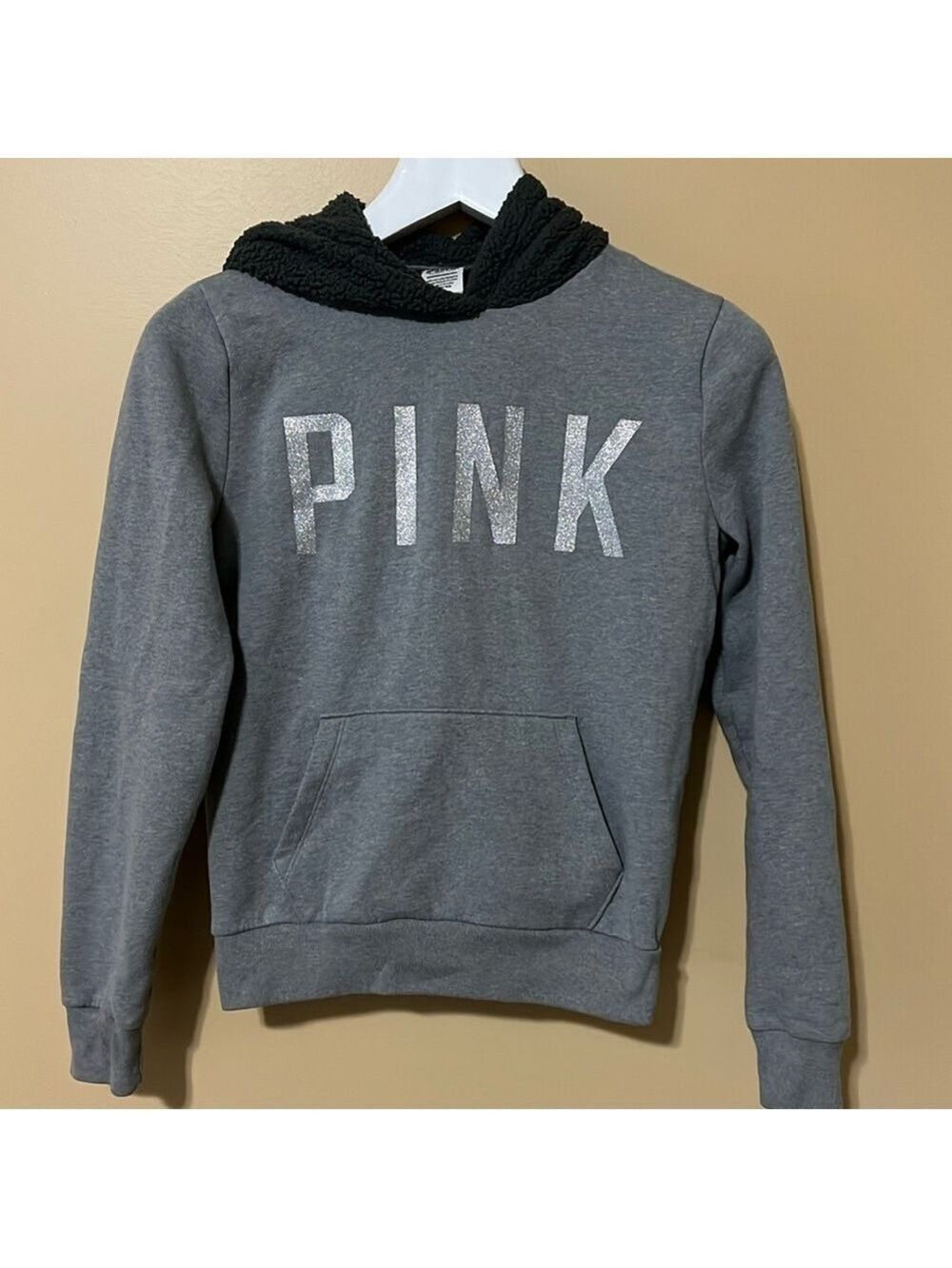 PINK VICTORIAS SECRET gray hoodie. Size XS. Cozy fleece hood.